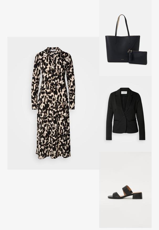 Blazer noir avec un col classique, fermeture à un bouton et deux poches avant. Fait d'un tissu lisse avec une coupe ajustée.; Robe à manches longues avec un motif abstrait noir et beige. Dotée d'un col et de boutons sur le devant, fabriquée en tissu léger.; Sandale en cuir noir avec deux larges bandes traversant le pied, un bout carré et un petit talon carré. Texture lisse et design minimal.; Sac fourre-tout noir avec un matériau texturé, deux longues anses et une pochette zippée amovible avec un détail de pompon. Logo de la marque en orvisible.