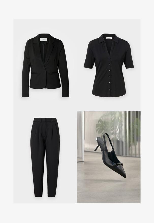 Blazer negro con solapa clásica, cierre de un botón y dos bolsillos frontales. Fabricado en una tela suave con un corte entallado.; Camisa negra de manga corta con botones, cuello, seis botones al frente y una silueta ligeramente entallada.; Pantalones negros de corte recto, con pliegues en la parte delantera, textura suave y bolsillos laterales. La cinturilla es de altura estándar.; Zapato de tacón alto slingback de cuero negro texturizado con punta picuda y una pequeña hebilla decorativa, flotando sobre un suelo liso.