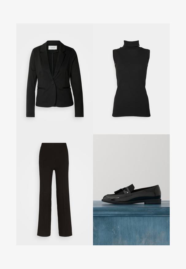Čierny blazer s klasickým klopom, jedným gombíkom a dvoma prednými vreckami. Vyrobený z hladkej látky s upraveným strihom.; Čierny bezrukávový rolák vyrobený z rebrovanej látky, s vysokým golierom a priliehavým strihom. Hladká textúra s minimálnym zdobením.; Čierne, široké nohavice vyrobené z hladkého materiálu s priliehavým vysokým pásom a bez viditeľného kovania alebo vzorov.; Čierne lakované kožené loafery s plochým podpätkom, s akcentom na mušľu a hladkým povrchom, navrhnuté s okrúhlou špičkou a jemným prešívaním.