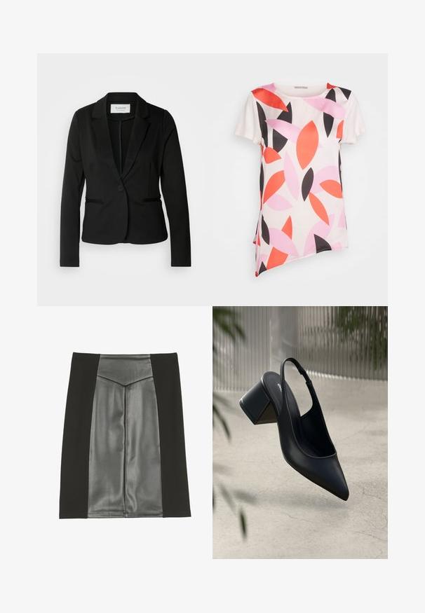 Sort blazer med klassisk revers, enkelt knaplukning og to forlommer. Fremstillet af et glat stof med en skræddersyet pasform.; Anna Field T-shirts print - pink; Anna Field A-snit nederdel - black; Sort læder slingback hæl med spids tå og blokhæl. Glat tekstur, minimalistisk design og justerbar ankelrem.