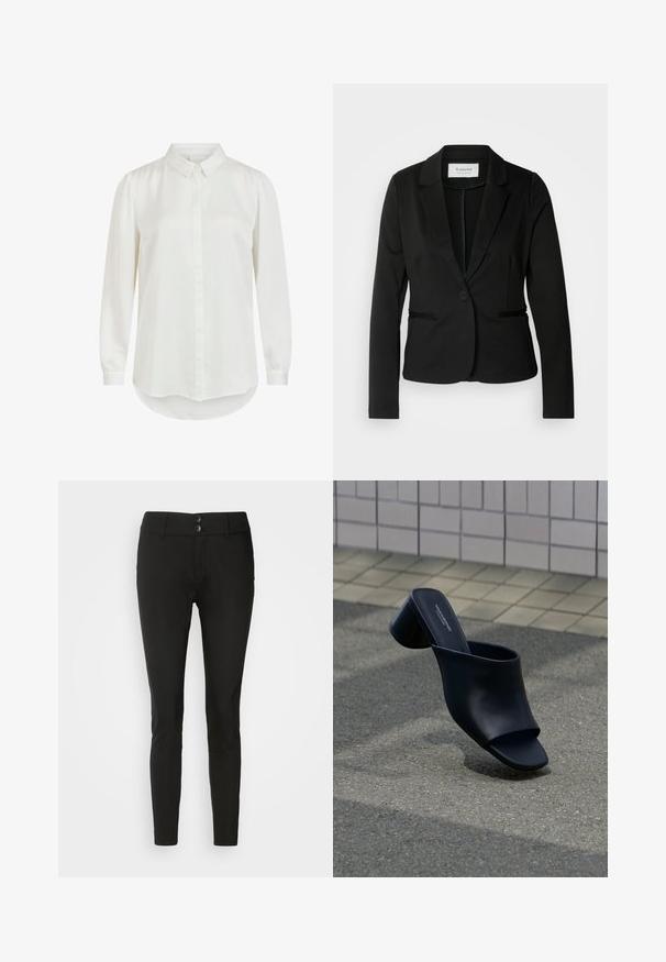 Zwarte blazer met een klassiek revers, sluiting met één knoop en twee voorzakken. Gemaakt van een soepel materiaal met een getailleerde pasvorm.; Witte blouse met lange mouwen en een klassieke kraag, met een gladde textuur en knoopsluiting. Rond gemaakte zoom en licht gepofte mouwen.; Zwarte slim-fit broek van gladde stof, met twee knopen aan de voorkant en een klassieke tailleband. Geen zichtbare patronen of versieringen.; Zwarte leren mule met open teen en blokhak, geplaatst op asfalt dichtbij een betegeld oppervlak op de achtergrond.