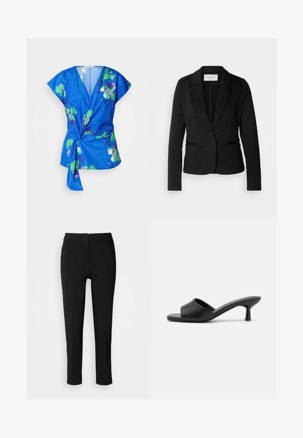 Blazer noir avec un col classique, fermeture à un bouton et deux poches avant. Fait d'un tissu lisse avec une coupe ajustée.; Haut enroulé floral bleu à manches courtes, avec des motifs de fleurs vertes et roses, un décolleté en V profond et un détail de taille nouée. Texture du tissu douce.; Pantalons noirs ajustés avec une coupe slim, devant plat et sans poches visibles, offrant une texture lisse et une finition soignée au bas.; Sandales noires à glisser avec une tige en cuir lisse, bout ouvert et un petit talon brillant. Design minimaliste avec une forme incurvée et une finition épurée.