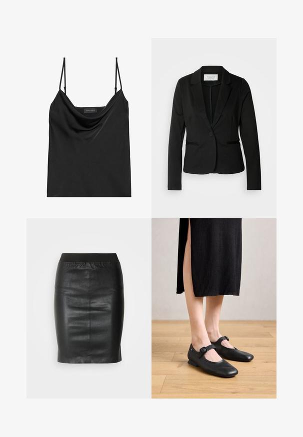 Zwarte blazer met een klassiek revers, sluiting met één knoop en twee voorzakken. Gemaakt van een soepel materiaal met een getailleerde pasvorm.; Zwarte cami-top met een colhals en dunne verstelbare bandjes. Heeft een zachte stof, relaxed fit en een eenvoudig ontwerp zonder versieringen.; Zwarte kokerrok van soepel leer, met een elastische tailleband voor een aansluitende pasvorm en een minimalistisch ontwerp.; Zwarte leren Mary Jane ballerina's met een klein hakje, met een ronde neus en een zijgesp. Het textuurontwerp verhoogt de visuele aantrekkingskracht.