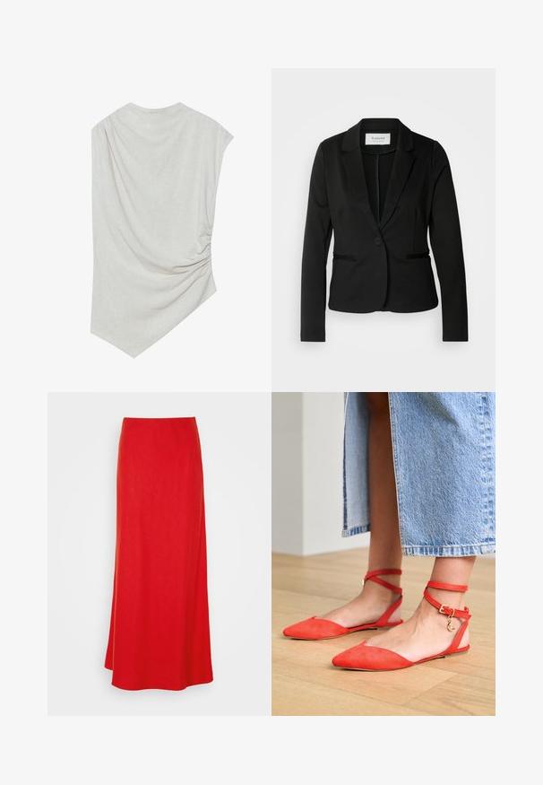 Zwarte blazer met een klassiek revers, sluiting met één knoop en twee voorzakken. Gemaakt van een soepel materiaal met een getailleerde pasvorm.; Lichte beige top met een ronde halslijn, asymmetrische zoom en geplooide details aan één kant. Gemaakt van een zachte, gestructureerde stof.; Rode maxi rok met een gladde textuur, hoge taille en een vloeiende silhoutte. Heeft een effen kleur zonder patronen of versieringen.; Rode suède ballerina's met spitse neuzen en enkelsluitingen, voorzien van een gouden gesp en een halve maan charm, op een houten vloer.