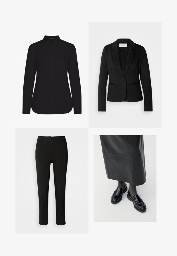 Schwarzes Blazer mit klassischem Revers, Ein-Knopf-Verschluss und zwei vorderen Taschen. Hergestellt aus einem glatten Stoff mit taillierter Passform.; Schwarzes Langarmshirt aus glattem Stoff, mit kragen und Frontknopfleiste, und gerader Saum.; Schwarze, maßgeschneiderte Hosen mit schlankem Schnitt, flacher Vorderseite und ohne sichtbare Taschen, ausgestattet mit einer glatten Textur und einem sauberen Abschluss am Saum.; Schwarze Lederloafers mit glatter Oberfläche, verziert mit einem dekorativen Riemen, runder Zehenpartie und texturierten Sohlen. Getragen mit einem langen schwarzen Lederrock.