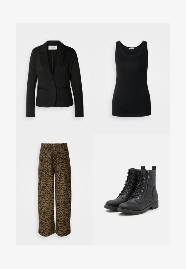 Sort blazer med klassisk revers, enkelt knaplukning og to forlommer. Fremstillet af et glat stof med en skræddersyet pasform.; Sort ærmeløs tanktop, lavet af glat stof, har en klassisk rund halsudskæring og en tætsiddende design. Ingen mønstre eller detaljer.; Bredde bukser i et brun- og sort leopardprint. Har en høj talje og plisseret design. Blødt stof med en glat tekstur.; Sorte ankelstøvler lavet af læderlignende materiale, med snørebånd, en sidelukning med lynlås og teksturerede detaljer på overdelen og sålen. Lav blokhæl.