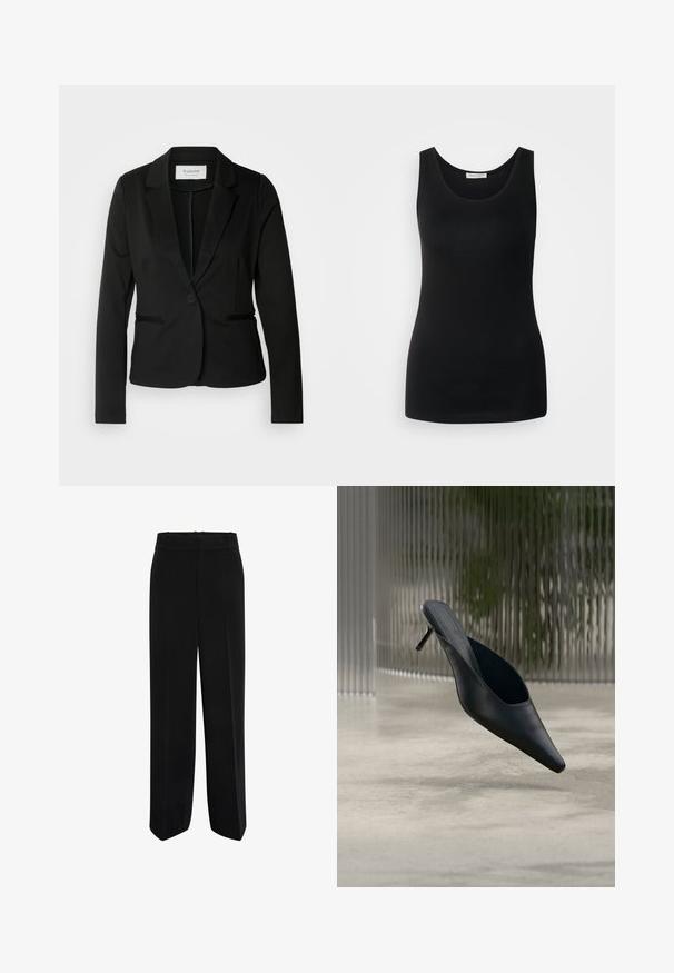 Blazer noir avec un col classique, fermeture à un bouton et deux poches avant. Fait d'un tissu lisse avec une coupe ajustée.; Débardeur noir sans manches, en tissu lisse, avec un col rond classique et une coupe ajustée. Pas de motifs ni d'accents.; Pantalons larges noirs en tissu lisse, avec une taille haute et un design à l'avant plat, sans poches ni embellissements.; Mule noire à bout pointu avec un talon fin et haut flottant au-dessus d'un sol en béton lisse, avec un arrière-plan flou à rayures verticales.