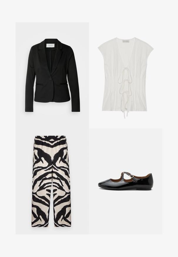 Blazer noir avec un col classique, fermeture à un bouton et deux poches avant. Fait d'un tissu lisse avec une coupe ajustée.; Haut blanc à manches courtes avec un décolleté en V profond et un détail de nœud sur le devant. Le tissu a une texture lisse avec des accents de plis verticaux.; Pantalons à jambes larges à motifs noir et beige, avec une taille élastique, mettant en valeur un audacieux motif de rayures zèbre dans un tissu lisse.; Chaussure plate Mary Jane en cuir verni noir avec deux découpes et une bride à boucle dorée sur fond blanc.