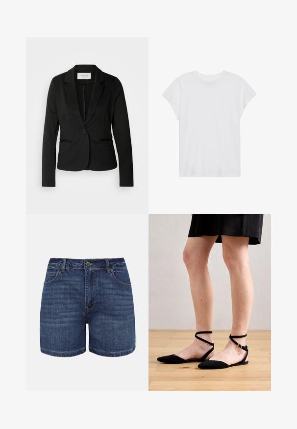 Sort blazer med klassisk revers, enkelt knaplukning og to forlommer. Fremstillet af et glat stof med en skræddersyet pasform.; Hvid kortærmet t-shirt med rund hals, afslappet pasform, lavet af blødt bomuldsstof. Glat tekstur, ingen mønstre eller logoer.; Mørkeblå denimshorts med knaplukning foran, lynlås, bæltestropper og forlommer, vist mod en hvid baggrund.; Sorte suede flade sandaler med spidse tæer, der har ankelremme, der krydser over, og en spænde lukning. Glat tekstur og minimalistisk design.