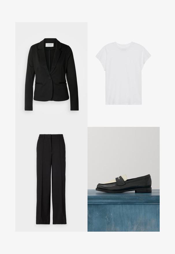 Blazer negro con solapa clásica, cierre de un botón y dos bolsillos frontales. Fabricado en una tela suave con un corte entallado.; Camiseta blanca de manga corta con cuello redondo, corte relajado, hecha de suave tela de algodón. Textura lisa, sin estampados ni logotipos.; Pantalones negros con un diseño de pierna recta, con dos pliegues en la parte frontal, una cinturilla y sin bolsillos visibles ni adornos.; Mocasines de cuero en blanco y negro con costuras decorativas, flotando sobre un suelo de concreto con plantas desenfocadas al fondo.