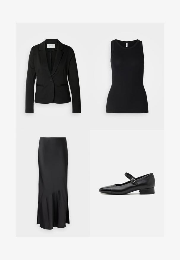 Sort blazer med klassisk revers, enkelt knaplukning og to forlommer. Fremstillet af et glat stof med en skræddersyet pasform.; Sort ærmeløs tanktop lavet af ribbet stof, med rund halsudskæring og tætsiddende design, med en glat overflade og uden mønstre.; Sort satin midi-skirt med et elegant design, der har en let flared kant og en sideslids for nem bevægelse. Glat tekstur.; Sorte læder Mary Jane-sko med en patenttå, justerbar ankelrem og lav blokhæl. Glat tekstur og strømlinet design.