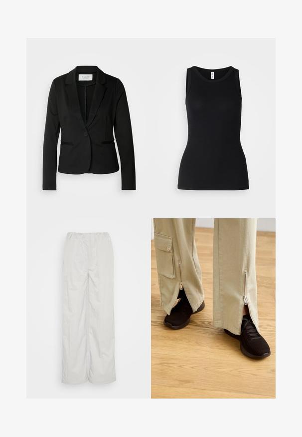 Sort blazer med klassisk revers, enkelt knaplukning og to forlommer. Fremstillet af et glat stof med en skræddersyet pasform.; Sort ærmeløs tanktop lavet af ribbet stof, med rund halsudskæring og tætsiddende design, med en glat overflade og uden mønstre.; Lys grå bukser med elastisk talje, bred benudskæring og glat overflade. Ingen synlige mønstre eller hardwaredetaljer.; Beige brede bukser med lynlåse ved anklerne, parret med sorte træningssko med en tekstureret overdel og polstret sål.