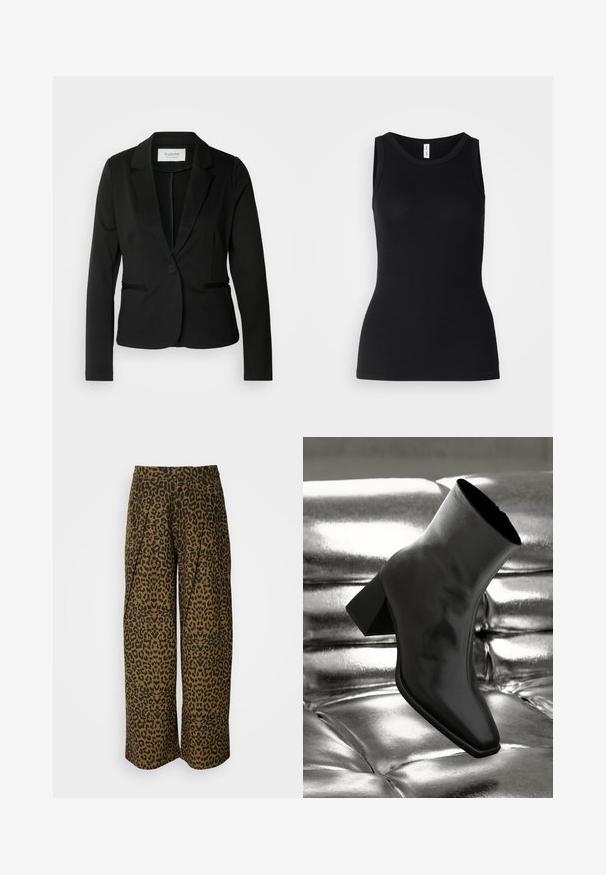 Schwarzes Blazer mit klassischem Revers, Ein-Knopf-Verschluss und zwei vorderen Taschen. Hergestellt aus einem glatten Stoff mit taillierter Passform.; Schwarzes ärmelloses Tanktop aus geripptem Stoff, mit rundem Ausschnitt und figurbetontem Design, glatter Textur und ohne Muster.; Weite Hosen in einem braun-schwarzen Leopardenmuster. Mit hohem Bund und gefaltetem Design. Weicher Stoff mit glatter Textur.; Schwarzer Knöchelstiefel aus glänzendem Material mit quadratischer Zehenform und verjüngtem Absatz, vor einem glänzenden silbernen gepolsterten Hintergrund.