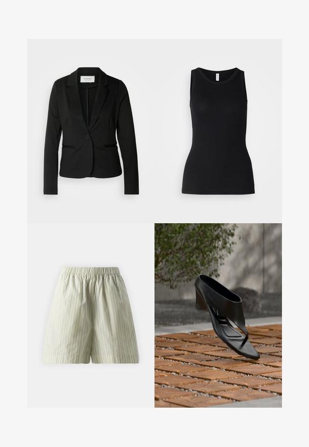 Schwarzes Blazer mit klassischem Revers, Ein-Knopf-Verschluss und zwei vorderen Taschen. Hergestellt aus einem glatten Stoff mit taillierter Passform.; Schwarzes ärmelloses Tanktop aus geripptem Stoff, mit rundem Ausschnitt und figurbetontem Design, glatter Textur und ohne Muster.; Hellgrüne Baumwollshorts mit vertikalen weißen Streifen, einem elastischen Bund und einem lockeren, bequemen Schnitt. Weiche Textur.; Schwarze High-Heeled Sandale mit Zehensteg, schwebend über einer gemusterten Holz- und Kiesaußenfläche mit verschwommenem Grün und Wand im Hintergrund.