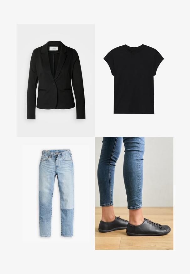 Zwarte blazer met een klassiek revers, sluiting met één knoop en twee voorzakken. Gemaakt van een soepel materiaal met een getailleerde pasvorm.; Zwarte katoenen t-shirt met een ronde hals, korte mouwen en een comfortabele pasvorm. Soepele structuur en geen zichtbare patronen of versieringen.; Lichtblauwe denim jeans met een uniek paneelontwerp in verschillende tinten en texturen. Klassiek vijf-pocket model met een ritssluiting.; Zwarte leren schoenen met een ronde neus, lage profiel en vetersluiting. Gecombineerd met blauwe, aansluitende jeans en een houten vloer als achtergrond.