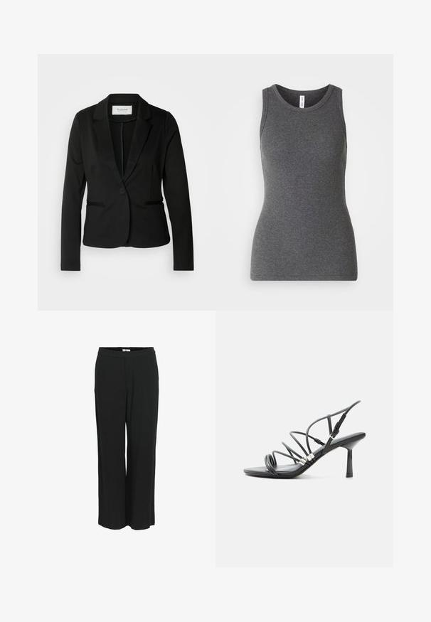 Blazer noir avec un col classique, fermeture à un bouton et deux poches avant. Fait d'un tissu lisse avec une coupe ajustée.; Débardeur gris sans manches en matière côtelée ; doté d'un col rond et d'une coupe ajustée. Sans motifs ni accents supplémentaires.; Pantalons larges noirs en tissu léger. Dotés d'une taille élastique et d'une texture lisse. Pas de poches ni de motifs visibles.; Sandale noire à talon haut avec fines lanières courbées, accents argentés et boucle de cheville réglable sur fond blanc.