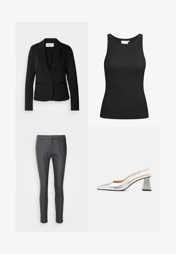 Sort blazer med klassisk revers, enkelt knaplukning og to forlommer. Fremstillet af et glat stof med en skræddersyet pasform.; Sort tanktop lavet af ribbet materiale, med en scooped halsudskæring og en tætsiddende form. Flade sømme og ingen udsmykninger. Enkel og strømlinet design.; Slank-fittede sorte bukser lavet af glat stof, med flad front, bæltesløjfer og en strømlinet silhuet. Enkelt design, ingen mønstre.; Sølv slingback stiletto med spids tå, teksturelt metallic finish og en triangulær blokhæle. Indersiden har brune læderdetaljer.