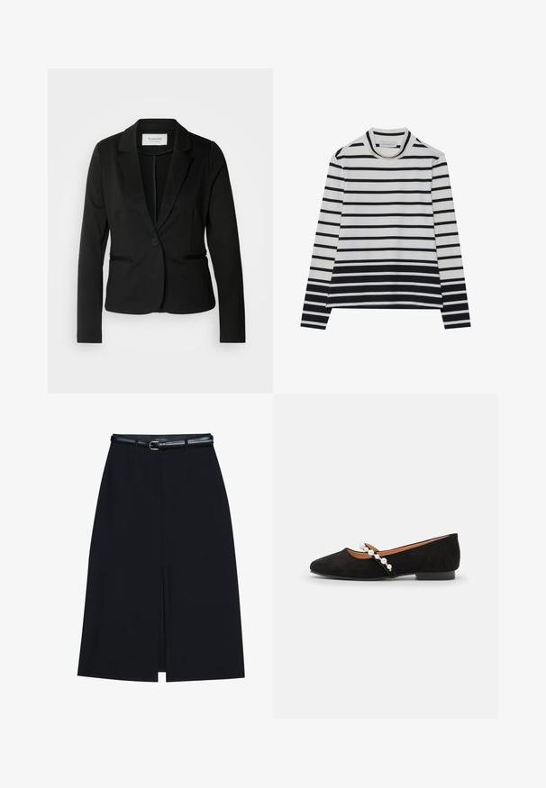 Sort blazer med klassisk revers, enkelt knaplukning og to forlommer. Fremstillet af et glat stof med en skræddersyet pasform.; Langærmet bluse lavet af bomuld, med vandrette sorte og hvide striber, en høj mock neck og en afslappet pasform med sidesplits.; Sort knælang nederdel med en foran slids, lavet af glat stof. Har et tyndt sort bælte med en sølvfarvet spænde og bæltestropper.; Sorte ruskind balletflade med spids tå, der har en dekorativ rem prydet med hvide perler og en lav hæl.