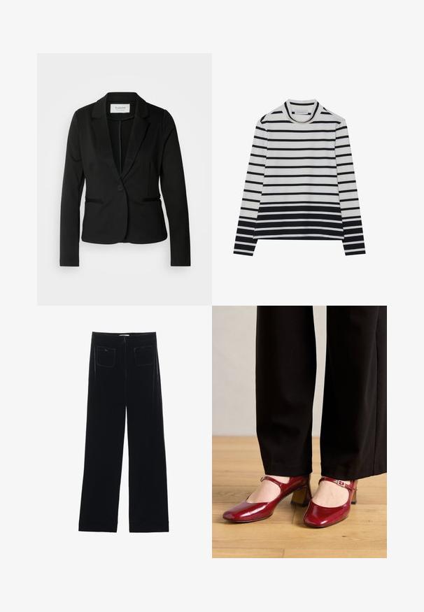 Sort blazer med klassisk revers, enkelt knaplukning og to forlommer. Fremstillet af et glat stof med en skræddersyet pasform.; Langærmet bluse lavet af bomuld, med vandrette sorte og hvide striber, en høj mock neck og en afslappet pasform med sidesplits.; Sorte velour bredbukser med to baglommer og en glat tekstur, der har en lige skæring og syede afslutninger ved anklerne.; Røde patentlæder Mary Jane højhælede sko med firkantet tå, en rem over vristen og en lav blokhælt. Båret med sorte bukser.