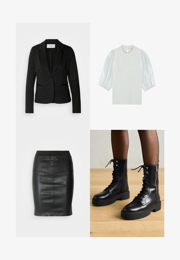 Sort blazer med klassisk revers, enkelt knaplukning og to forlommer. Fremstillet af et glat stof med en skræddersyet pasform.; Hvid bluse med korte, gennemsigtige pufærmer, rund halsudskæring og knaplukning bagpå. Glat tekstur med et rent, minimalistisk design.; Sort pencilsyning lavet af glat læder, med en elastisk talje for en tætsiddende silhuet og minimalistisk design.; Sorte læder snørebåndsstøvler med kraftige såler, sidelukning med lynlås og metaløjer. Glat overflade med varieret tekstur på skaftet.