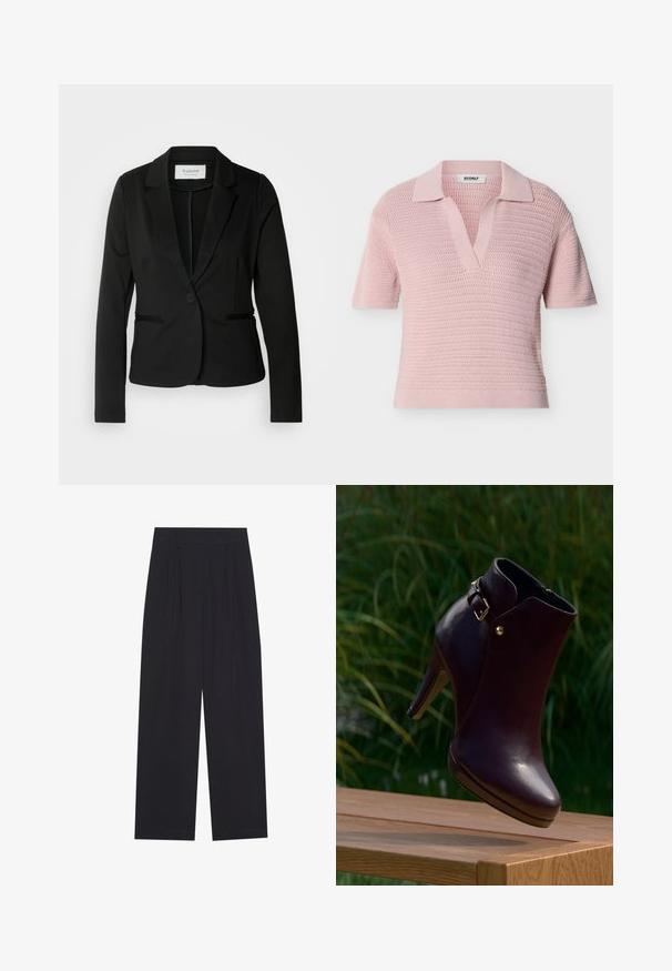 Blazer negro con solapa clásica, cierre de un botón y dos bolsillos frontales. Fabricado en una tela suave con un corte entallado.; Polo de punto de manga corta en rosa claro con patrón texturizado, cuello en V abierto y etiqueta de la marca ECOALF en el interior del cuello.; Pantalones anchos negros de tela suave, con pliegues, cinturilla plana y sin bolsillos ni adornos visibles.; Botín de piel marrón oscuro con tacón alto, hebilla dorada y remache, colocado sobre una superficie de madera con fondo de follaje verde.