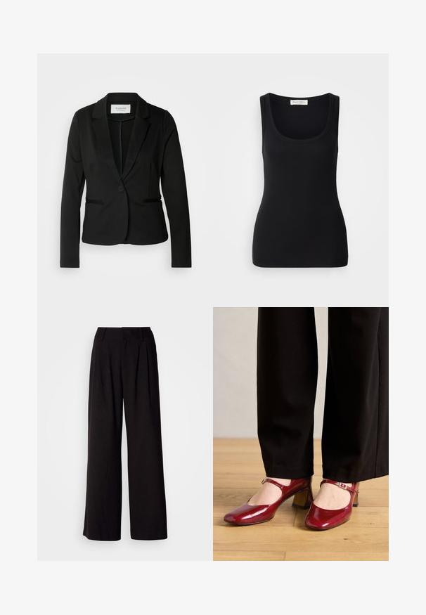 Blazer noir avec un col classique, fermeture à un bouton et deux poches avant. Fait d'un tissu lisse avec une coupe ajustée.; Débardeur noir côtelé avec un col rond, de larges bretelles et une coupe ajustée. Étiquette à l'arrière indiquant "Marc O'Polo".; Pantalon large noir en tissu lisse, avec des plis à l'avant, une taille ajustée, et sans motifs ni accents visibles.; Talons Mary Jane en cuir verni rouge avec un bout carré, une sangle sur le cou-de-pied et un petit talon bloc. Portés avec un pantalon noir.