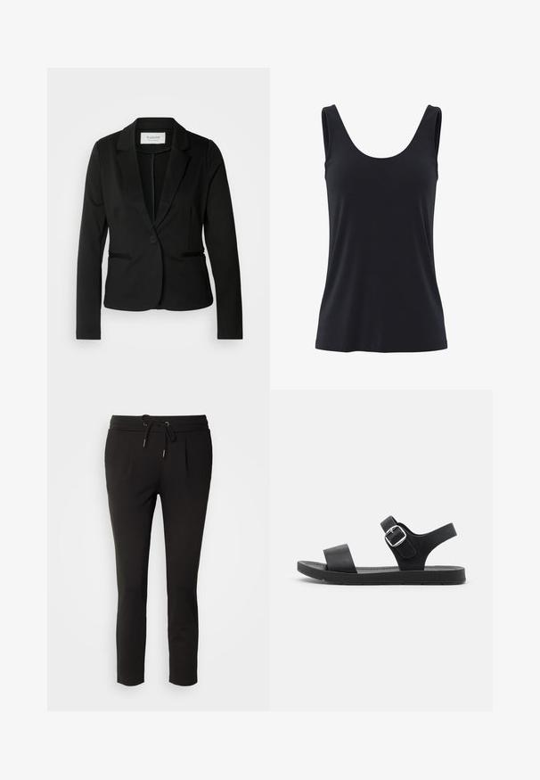 Sort blazer med klassisk revers, enkelt knaplukning og to forlommer. Fremstillet af et glat stof med en skræddersyet pasform.; Sort ærmeløs tanktop med rund halsudskæring, tætsiddende i taljen, lavet af glat, letvægtstof.; Sorte joggerbukser lavet af blød stof, med en elastisk talje med snoretræk, sidelommer og et tætsiddende ben design.; Sorte sandaler med flad sål, justerbar spænde, to brede stropper og glat overflade, designet til komfort og nem brug.