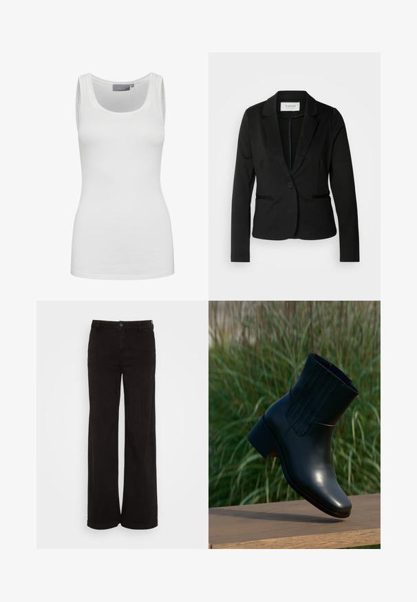Sort blazer med klassisk revers, enkelt knaplukning og to forlommer. Fremstillet af et glat stof med en skræddersyet pasform.; Hvid tanktop lavet af blødt, strækbart stof med rund halsudskæring og smalle stropper. Har en glat tekstur og tætsiddende design.; American Eagle BAGGY WIDE LEG - Wide leg - black wash; Sort læder ankelstøvle med rundet tå og en moderat hæl. Har lodrette syninger på siden, glat tekstur og en slank silhuet.