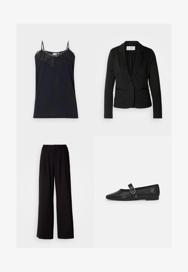 Blazer noir avec un col classique, fermeture à un bouton et deux poches avant. Fait d'un tissu lisse avec une coupe ajustée.; Camisole noire avec des bretelles fines et ajustables, et un bord en dentelle le long du décolleté. Texture lisse, forme ajustée, et bords en dentelle effilochés.; Pantalon large noir en tissu lisse, avec des plis à l'avant, une taille ajustée, et sans motifs ni accents visibles.; Chaussure plate en cuir noir avec un bout arrondi, une seule sangle réglable à boucle et une texture lisse et brillante. Design minimaliste avec un petit talon.