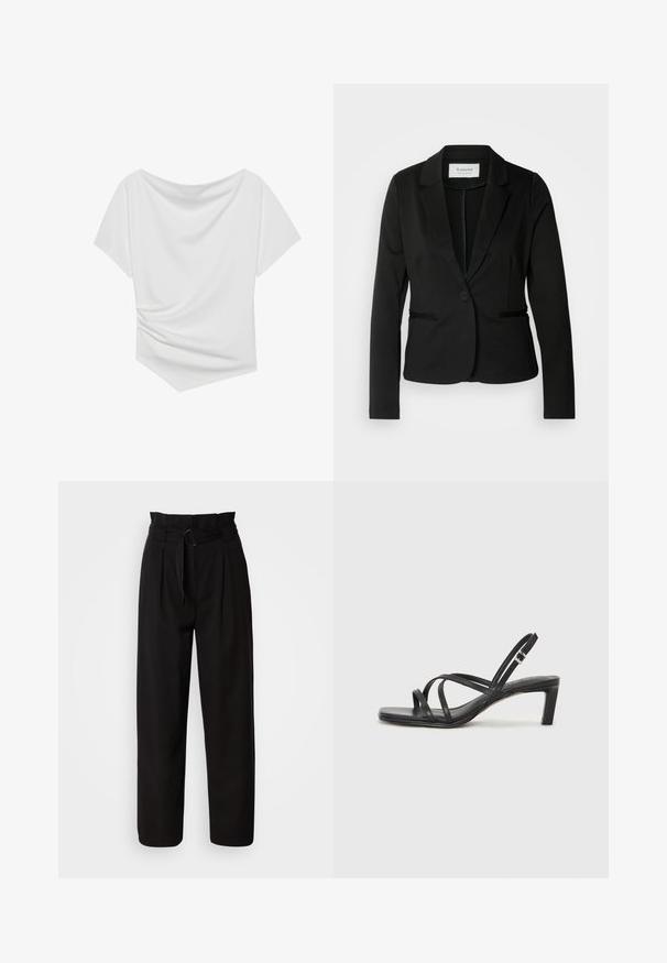 Blazer negro con solapa clásica, cierre de un botón y dos bolsillos frontales. Fabricado en una tela suave con un corte entallado.; Top blanco de manga corta con diseño de hombros al descubierto, que presenta una textura drapeada y un detalle fruncido en un lado. Tejido suave.; Pantalones negros de talle alto con pierna ancha, que presentan pliegues frontales y un cinturón de tela con hebilla circular. Textura suave y diseño a medida.; Sandalia negra de tiras con punta cuadrada y tacón bajo de bloque. Presenta múltiples tiras delgadas y una correa ajustable en el tobillo. Fabricada en cuero suave.