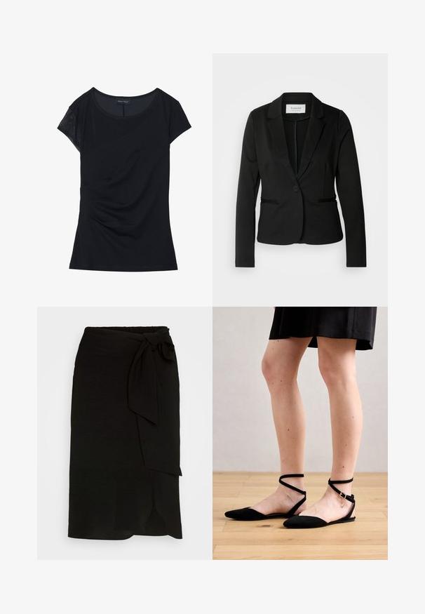 Blazer noir avec un col classique, fermeture à un bouton et deux poches avant. Fait d'un tissu lisse avec une coupe ajustée.; Haut noir à manches courtes en tissu doux, avec un panneau texturé sur une épaule, un design asymétrique et des détails froncés sur le côté.; Jupe portefeuille noire en tissu texturé, dotée d'un lien sur le côté, d'un design droit et d'une fente à l'ourlet.; Sandales plates noires en daim avec bout pointu, dotées de brides de cheville croisées et d'une fermeture à boucle. Texture lisse et design minimaliste.