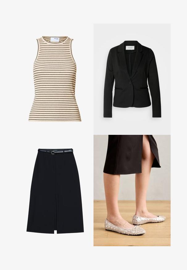 Blazer negro con solapa clásica, cierre de un botón y dos bolsillos frontales. Fabricado en una tela suave con un corte entallado.; Top de punto beige sin mangas con finas rayas horizontales negras y escote redondo.; Falda negra hasta la rodilla con una abertura en la parte delantera, hecha de tejido suave. Presenta un delgado cinturón negro con una hebilla plateada y pasadores para el cinturón.; Bailarinas de lentejuelas beige con puntera redondeada, que presentan un lazo decorativo, combinadas con una falda negra, exhibidas sobre un suelo de madera.