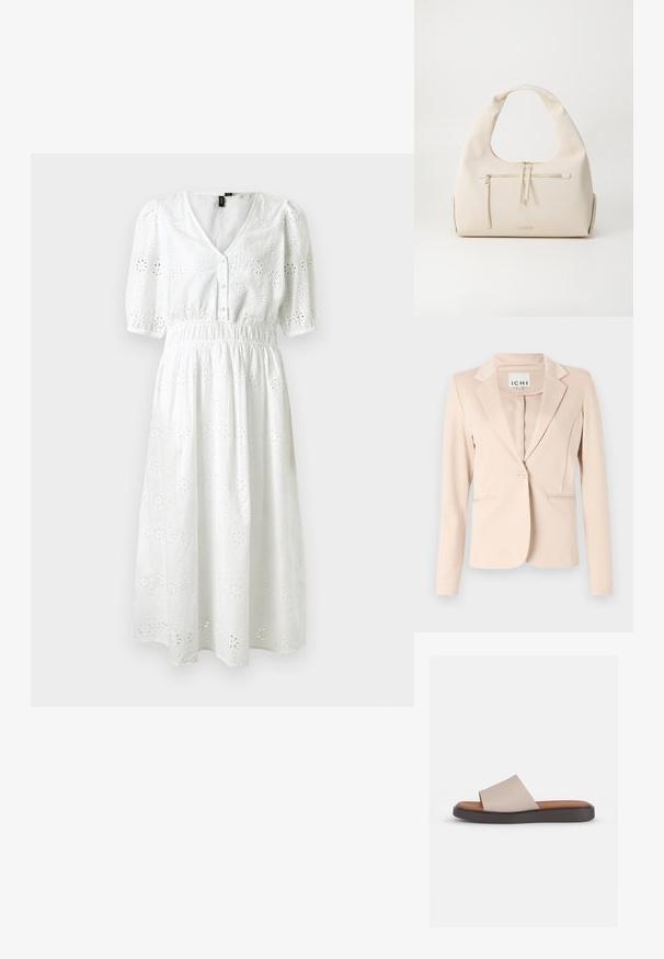 Beige blazer met één knoop, reversed revers, lange mouwen en twee voorzakken met bies, hangend tegen een effen achtergrond.; Witte katoen jurk met korte pofmouwen, V-hals, knoopsluiting, elastische taille en een bloemdessin van oogjes over de hele jurk.; Beige instapsandaal met een brede band, gevormde tan voetbed en een donkerbruine platformzool. Glad textuur, eenvoudig ontwerp.; Beige leren handtas met een gebogen schouderband, uitgerust met een voorzak met ritssluiting en subtiele gouden accenten. Gladde textuur en minimalistisch ontwerp.
