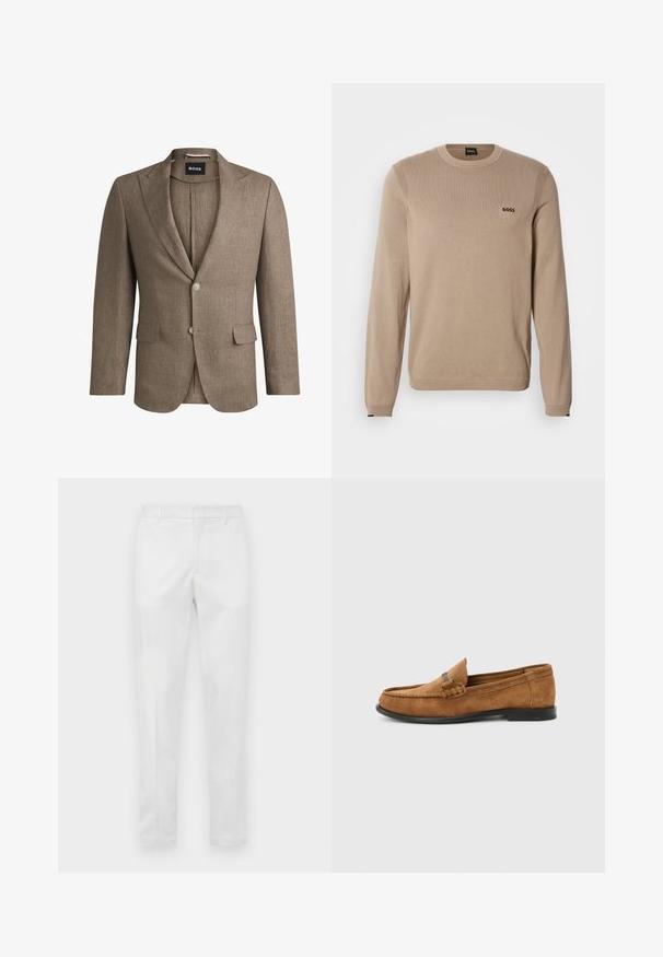 Blazer marrón hecho de tejido texturizado, con solapa muesca, dos bolsillos frontales y un cierre de un solo botón. Dos botones en las muñecas.; Jersey de punto beige con mangas largas, cuello redondo, detalles acanalados y pequeño logo negro 'BOSS' en el pecho. Textura suave, ajuste clásico.; Pantalones ajustados blancos con passantes para cinturón, cierre de cremallera frontal y bolsillos laterales, exhibidos planos sobre un fondo neutro.; Mocasín de ante marrón para hombre con detalle trenzado en el empeine y suela negra, visto de lado sobre un fondo liso gris claro.