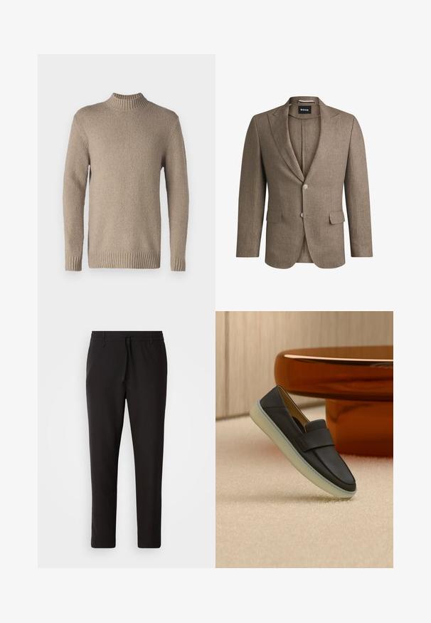 Brun blazer lavet af tekstureret stof, med revers, to frontlommer og enkeltknaplukning. To knapper på ærmerne.; Beige striktrøje med en struktureret overflade, ribbenkrave og manchetter. Har lange ærmer og en lige kant for et klassisk design.; Sorte joggebukser lavet af glat stof. Har en elastisk talje med snor, tætsiddende ben og ingen synlige lommer. Enkel design.; Sort lædersko med tyk hvid sål vist på beige tæppe ved siden af et rundt bord i ravfarve.