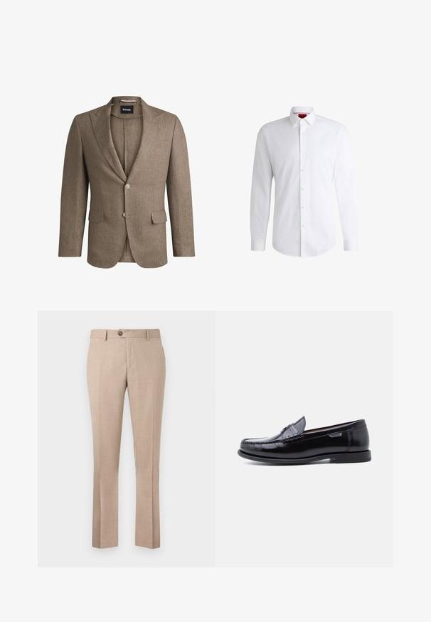 Blazer marrón hecho de tejido texturizado, con solapa muesca, dos bolsillos frontales y un cierre de un solo botón. Dos botones en las muñecas.; Camisa blanca de botones, confeccionada en tela suave, con collar clásico, mangas largas y dobladillo curvado. Presenta botones beige en la parte delantera.; Pantalones beiges hechos de una tela ligera, con un corte recto, cierre de un solo botón y dos bolsillos frontales.; Mocasines de cuero negro con acabado brillante, que presentan un diseño cosido en la puntera y una suela baja de goma negra texturizada.