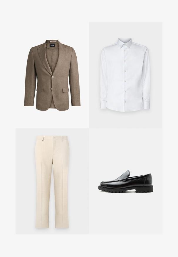 Blazer marron en tissu texturé, avec un col cranté, deux poches avant et une fermeture à un bouton. Deux boutons aux poignets.; Chemise blanche à manches longues en tissu lisse, dotée d'un col classique, d'une patte de boutonnage et de poignets avec boutons, présentée sur un fond uni.; Pantalons beige ajustés en tissu texturé, avec une fermeture éclair, deux poches avant, et une coupe slim droit.; Mocassin en cuir noir avec semelle en caoutchouc épaisse, dessus cousu et nom de marque embossé sur le talon, présenté de profil sur fond blanc.