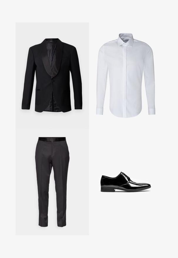 Veste de costume noir avec revers en satin, fermeture à un seul bouton et doublure texturée noire à motif, dotée de deux poches latérales.; Chemise blanche à manches longues en mélange de coton. Elle présente un col classique, une patte de boutonnage et un ourlet arrondi avec des poignets ajustables.; Pantalons noirs ajustés avec une coupe slim, devant plat et légère brillance. Présentent une taille noire lisse et des détails de plis le long des jambes.; Chaussure formelle noire en cuir brillant pour homme avec lacets, bout pointu et petit talon empilé sur fond blanc.