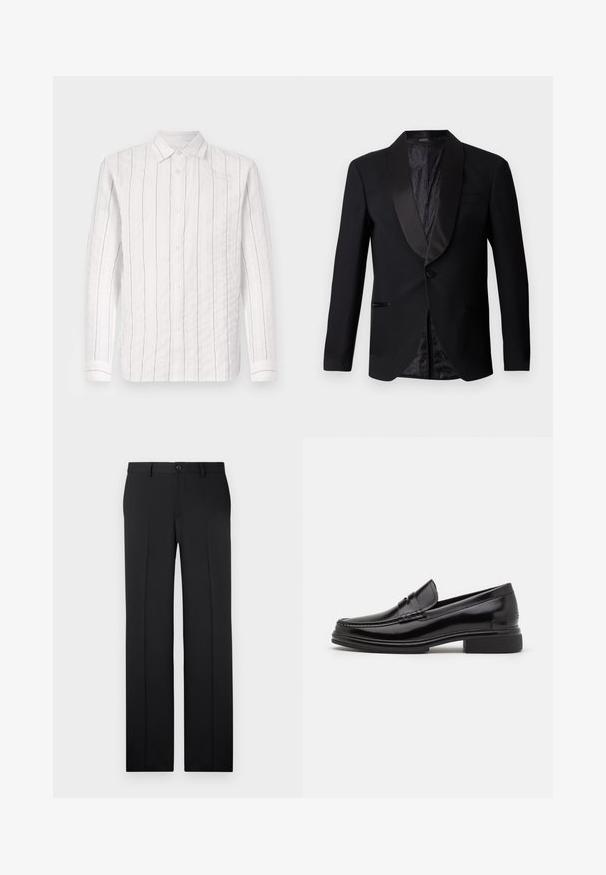 Zwarte formele colbert met satijnen revers, enkele knoopsluiting en een gestructureerde zwarte patroonvoering, met twee zijzakken.; Witte button-up shirt van gestructureerde stof met dunne zwarte verticale strepen, een klassieke kraag en lange mouwen met knoopmanchetten.; Zwarte, op maat gemaakte broek met een rechte pijp, zachte stof, voorvouwen en een enkele knoopsluiting in de taille.; Zwarte leren instappers met een afgeronde neus, voorzien van een gestikte detail over de wreef, en een lage blokhak. Glad textuur en glanzende afwerking.