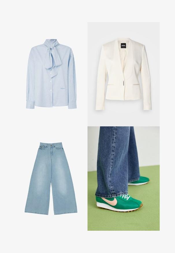 Creme skræddersyet blazer med dyb V-hals, slanke klapper, to frontlommer og enkelt hægte-lukning. Glat tekstur og struktureret pasform.; Lyseblå stribet bluse med en sløjfekrave, lange ærmer, knaplukning og et diskret logo i nederste højre hjørne.; Lyseblå jeans med brede ben lavet af denim, med højtaljet pasform, store forlommer og en ren, lige kant forneden.; Grønne atletiske sko med pink swoosh, snørebånd-design, tekstureret stof og hvide gummisåler. Kombineret med brede blå denimbukser.