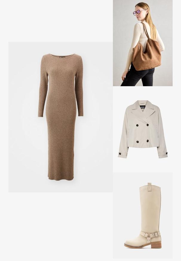 Hellbeige cropped Doppelreiher-Jacke mit breiten Revers, vier schwarzen Knöpfen vorne und geknöpften Manschetten an den langen Ärmeln.; Langärmliges, geripptes Kleid in einem warmen Braunton, mit rundem Ausschnitt und taillierter Passform, das bis zu den Knöcheln reicht.; Beiger kniehoher Stiefel aus glattem Leder, mit seitlichem Riemen und Schnalle, kontrastierendem Holzabsatz und einer stabilen Lasche hinten am oberen Rand.; Braune Wildleder-Tasche mit weicher Textur, großer Öffnung und langen Trägern. Sie verfügt über ein simples Design mit sichtbarem Stich und ohne Beschläge.