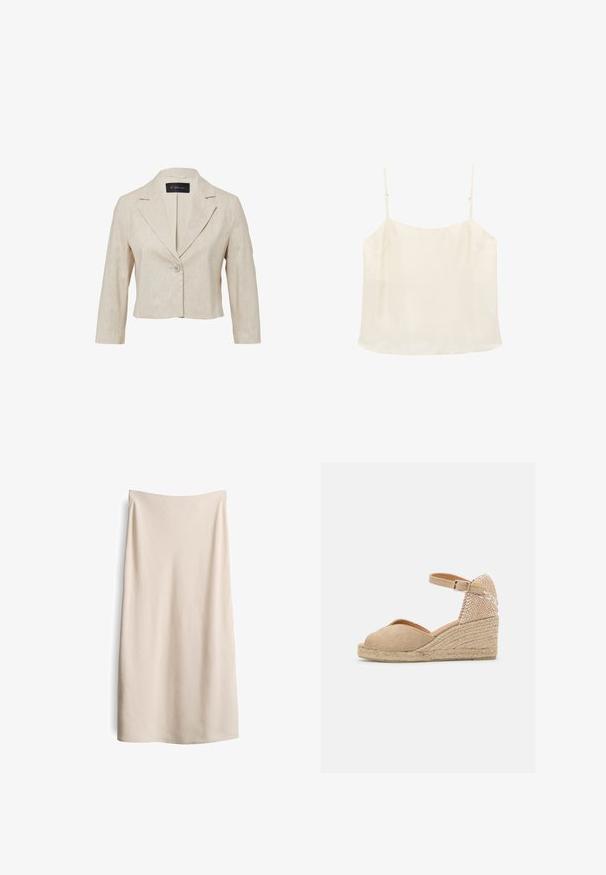 Beige verkürzter Blazer mit Reverskragen, einem Knopfverschluss, strukturiertem Stoff und langen Ärmeln. Das Etikett trägt die Aufschrift "S. Oliver."; Cremefarbenes ärmelloses Camisole-Top mit dünnen verstellbaren Trägern und geradem Ausschnitt auf weißem Hintergrund.; Beige, knielanger Rock mit glatter Textur und geradem Schnitt. Keine sichtbaren Nähte oder Verschlüsse, mit einem klaren, minimalistischen Design.; Castañer BIANCA - Espadrille - sand