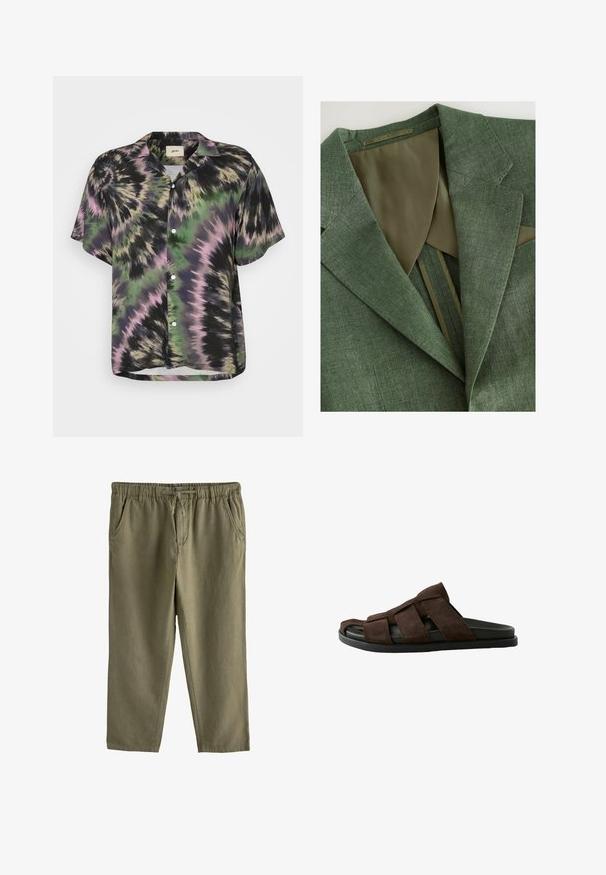 Groene linnen blazer met een gladde, lichte textuur. Het interieur heeft een contrasterende olijfkleurige voering en gestructureerde revers.; Korte mouwen knoopshirt in zwart, groen en roze tie-dye patroon. Heeft een ontspannen pasvorm en een klassieke kraag. Lichtgewicht stof.; Khaki-kleurige casual broeken met elastische tailleband, verstelbaar trekkoord, zijzakken en rechte pijpen.; Bruine suède schuifslipper met brede gekruiste banden en zwart gevoerd zool, open teen en lage hak voor casual gebruik.