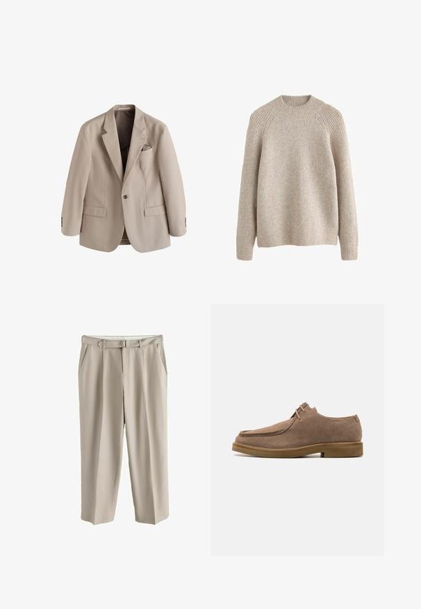 Beige herenenkelsluitingblazer met inkeping op de revers, voorflappenzakken en een borstzak met een bijpassend pochet.; Licht beige geribde trui met een hoge, ronde hals en lange mouwen. Zachte textuur en een relaxte pasvorm, met raglan schoudernaden.; Beige broek met wijde pijpen, riemlussen, twee zijzakken en een bijpassende stoffen riem met metalen D-ring gesp.; Zign by Zalando LEATHER - Sportieve veterschoenen - taupe