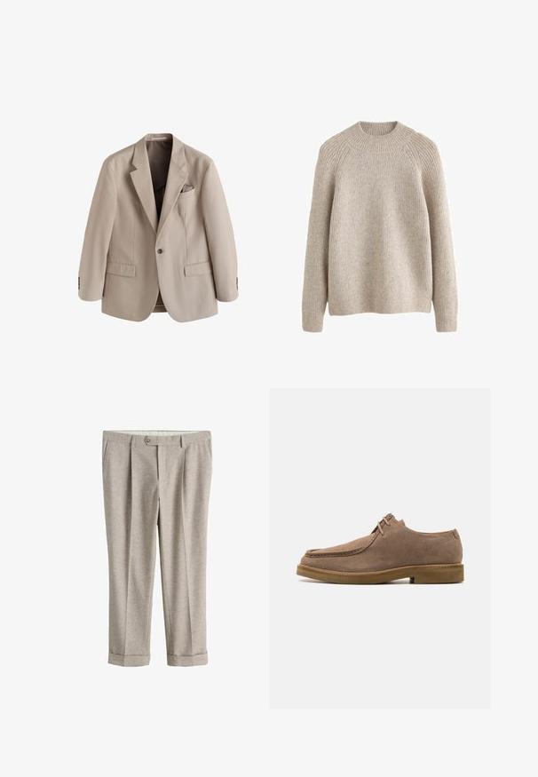 Beiger Herren-Sakko mit einem Knopf, Kerbklappen, vorderen Pattentaschen und einer Brusttasche mit passendem Einstecktuch.; Helles beige, geripptes Sweatshirt mit hohem, rundem Kragen und langen Ärmeln. Weiche Textur und entspannter Schnitt, mit Raglan-Ärmeln.; Hellbeige maßgeschneiderte Hose mit Knopfverschluss, Gürtelschlaufen, Seitentaschen und gekrempelten Säumen.; Zign by Zalando LEATHER - Sportlicher Schnürer - taupe