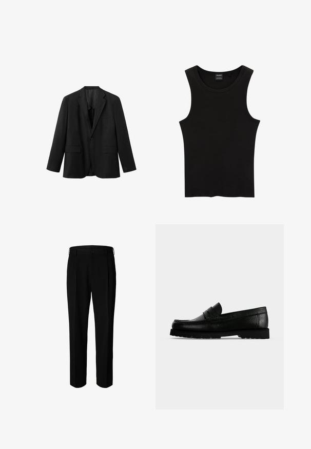 Schwarzer einreihiger Blazer mit Kerb-Revers, zwei vorderen Klappentaschen, einer Brusttasche und einem Knopfverschluss.; Schwarzes, geripptes Tanktop mit rundem Halsausschnitt und weiten Armausschnitten, aus einem weichen, dehnbaren Stoff. Marke: Pull&Bear.; Schwarze formelle Hose mit Gürtelschlaufen, Frontknopf und Reißverschluss, vor weißem Hintergrund dargestellt.; Schwarzer Leder-Pennyloafer mit strukturiertem Obermaterial und dicker profillaufsohle, seitlich auf hellem Hintergrund gezeigt.