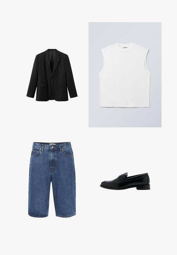 Schwarzer einreihiger Blazer mit Kerb-Revers, zwei vorderen Klappentaschen, einer Brusttasche und einem Knopfverschluss.; Weißes ärmelloses Baumwolltop mit Rundhalsausschnitt und strukturierten Schultern, mit "WEEKDAY" auf dem Kragenetikett versehen, vor hellgrauem Hintergrund dargestellt.; Dunkelblaue Jeansshorts im klassischen Fünf-Taschen-Design, mit Messingbeschlägen und sichtbaren Nähten entlang der Säume.; Schwarzer Lederloafer mit niedrigem Absatz, rundem Zehenbereich und einem klassischen Penny-Riemen auf dem Spann.