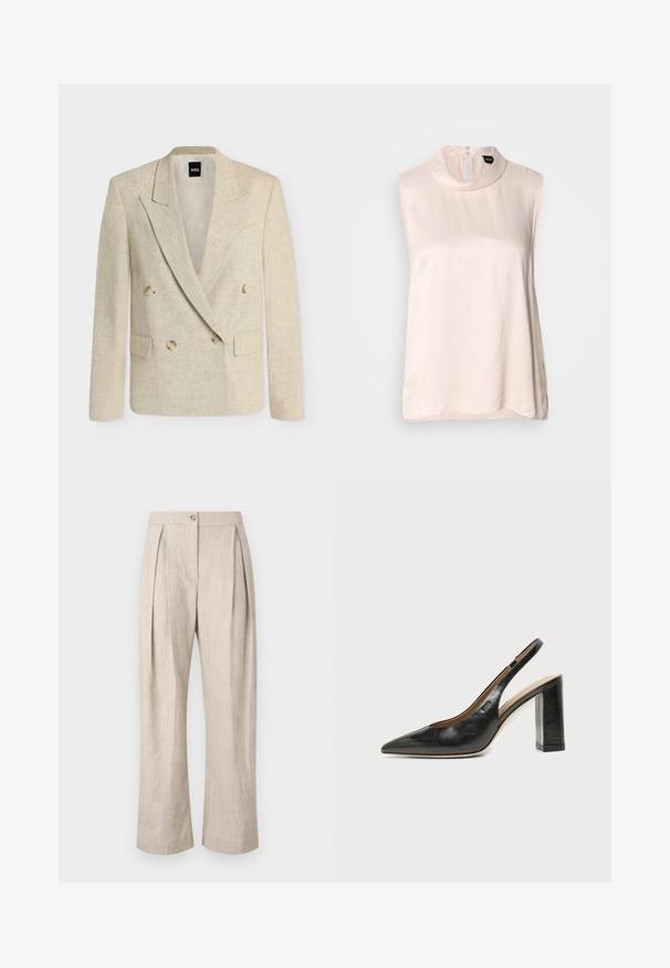 Blazer beige cruzado con solapas con muesca, cuatro botones de carey y dos bolsillos delanteros con solapa, con etiqueta BOSS en el interior del cuello.; Blusa sin mangas de color rosa pálido con cuello alto, confeccionada en una tela lisa y brillante. Presenta un cierre de botones en la parte posterior y un dobladillo curvado.; Pantalones de lino beige con pliegues, pierna ancha y cierre frontal con botón. La tela tiene un aspecto texturizado y una calidad ligera y transpirable.; Zapato slingback de piel negra con puntera puntiaguda, tacón alto y ancho, y forro interior beige sobre un fondo claro y liso.