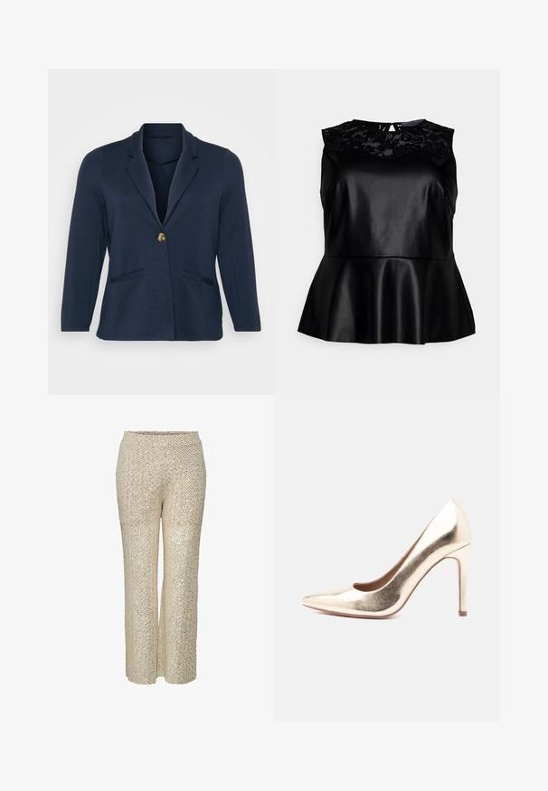 Mørkeblå blazer med slået krave, enkelt guldknaplukning og to frontlommer. Blødt, glat stof med en struktureret form.; Anna Field Curvy Bluse - black; Beige palazzo bukser med pailletter og zigzag-mønster, høj talje og bred ben-design, der har en glat tekstur og en skinnende overflade.; Guldmetallic højhælet pumpe med spids tå og slank stiletto hæl, vist i sideprofil på hvid baggrund.