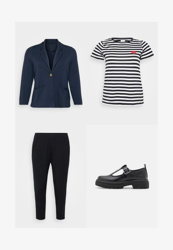 Mørkeblå blazer med slået krave, enkelt guldknaplukning og to frontlommer. Blødt, glat stof med en struktureret form.; Sort og hvid stribet t-shirt med rund hals og korte ærmer, med en lille rød hjertebrodering på venstre bryst.; Sorte bukser med en afslappet pasform, elastisk talje og diskrete plader. Fremstillet af et blødt materiale, med tætsiddende ben og uden lommer.; Sort faux lædersko med krokodillestruktur, rund tå, ankelstrop med metalspænde og en kraftig gummisål.